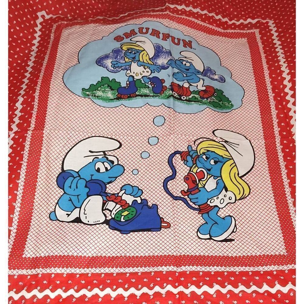 Lot of 2 pieces Smurf fabric Vintage 1982 2(35 x 44") New SMURFUN Wallace Berrie